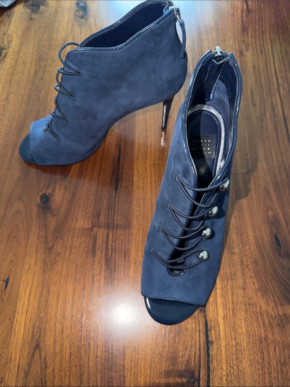 White House Black Market Navy Suede Peep-Toe Lace-Up Ankle Boots